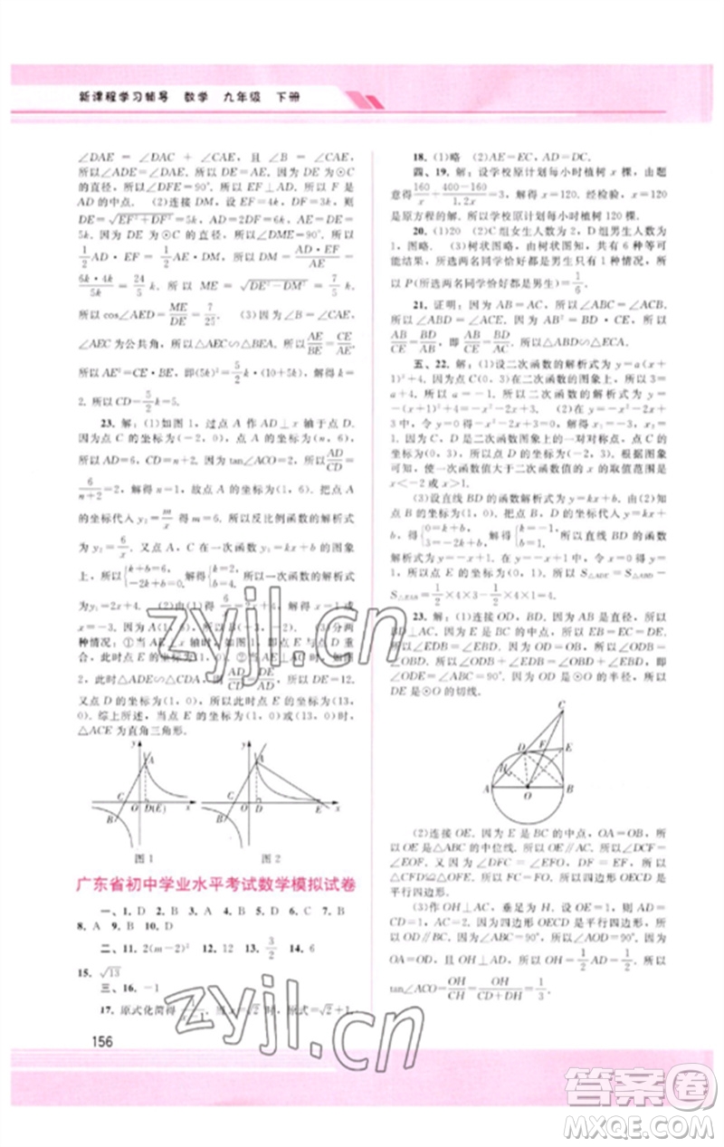 廣西師范大學出版社2023新課程學習輔導九年級數(shù)學下冊人教版參考答案