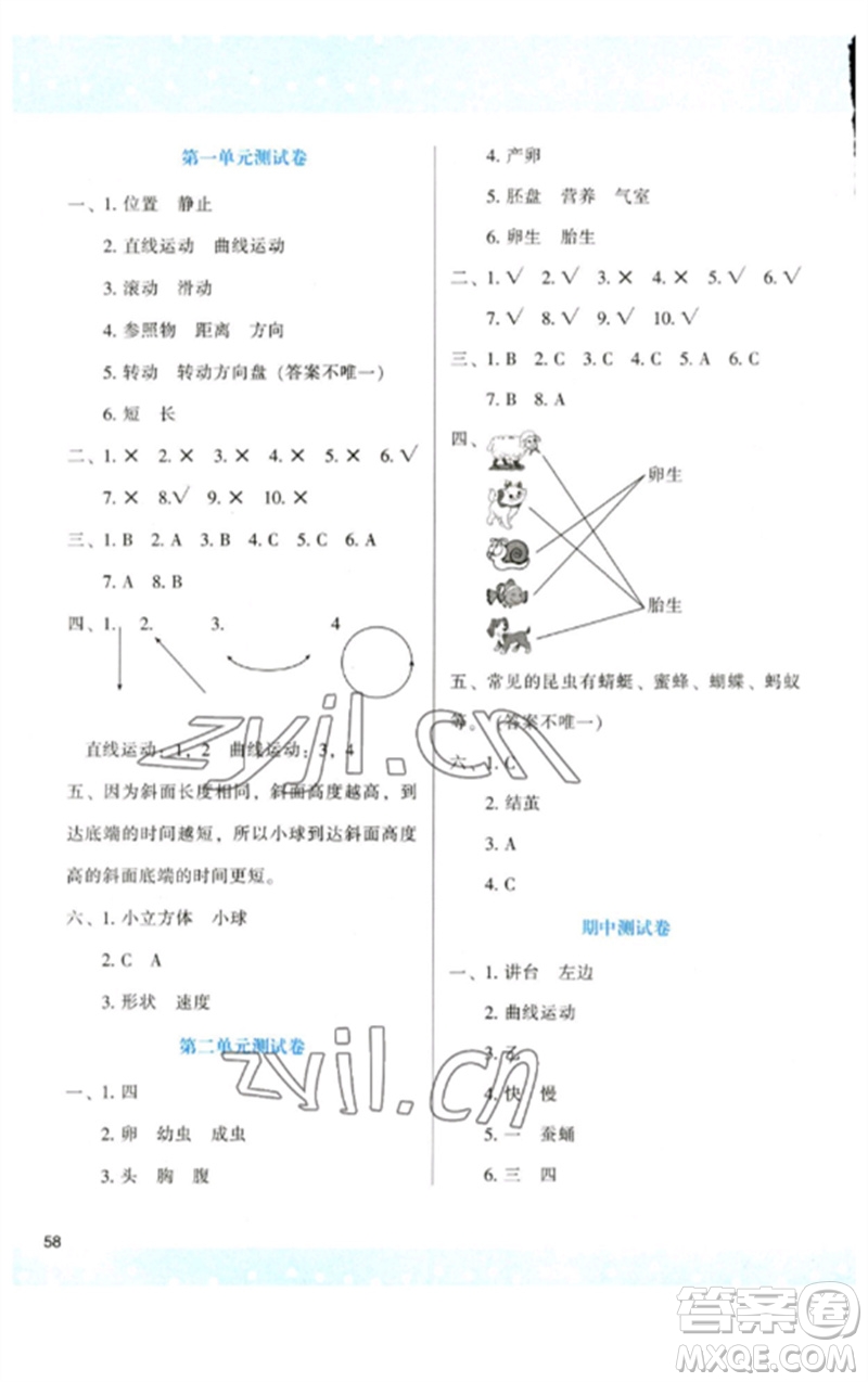陜西人民教育出版社2023新課程學習與評價三年級科學下冊教科版參考答案