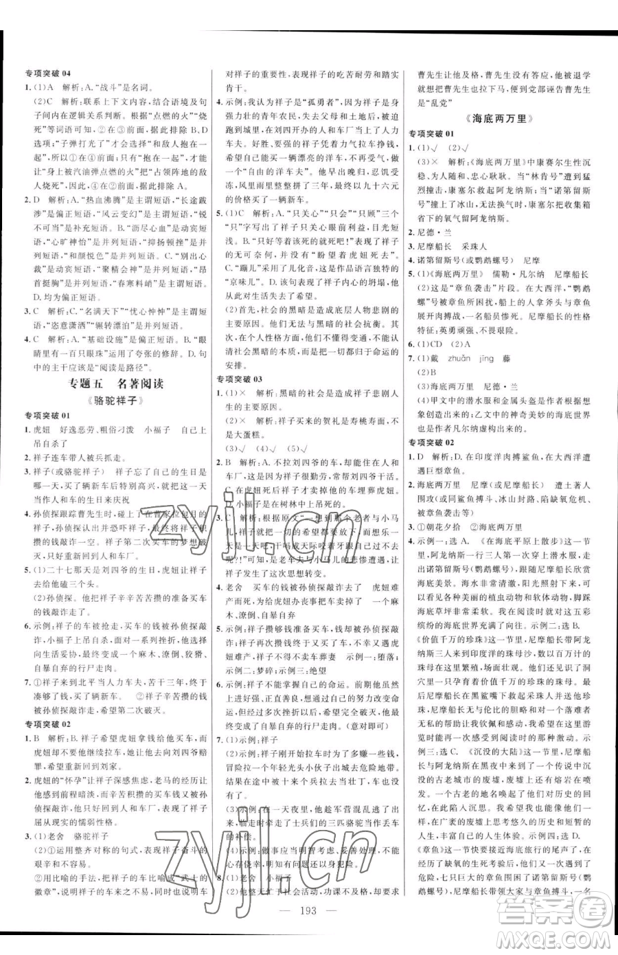 延邊大學出版社2023細解巧練七年級下冊語文人教版五四制參考答案
