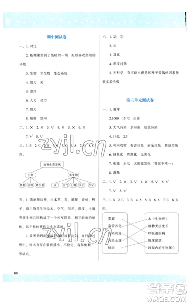 陜西人民教育出版社2023新課程學習與評價五年級科學下冊教科版參考答案