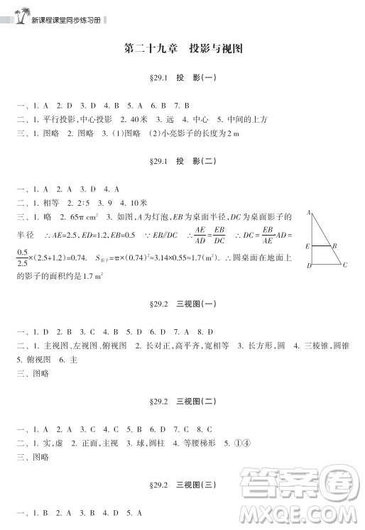 海南出版社2023新課程課堂同步練習冊九年級下冊數(shù)學人教版參考答案