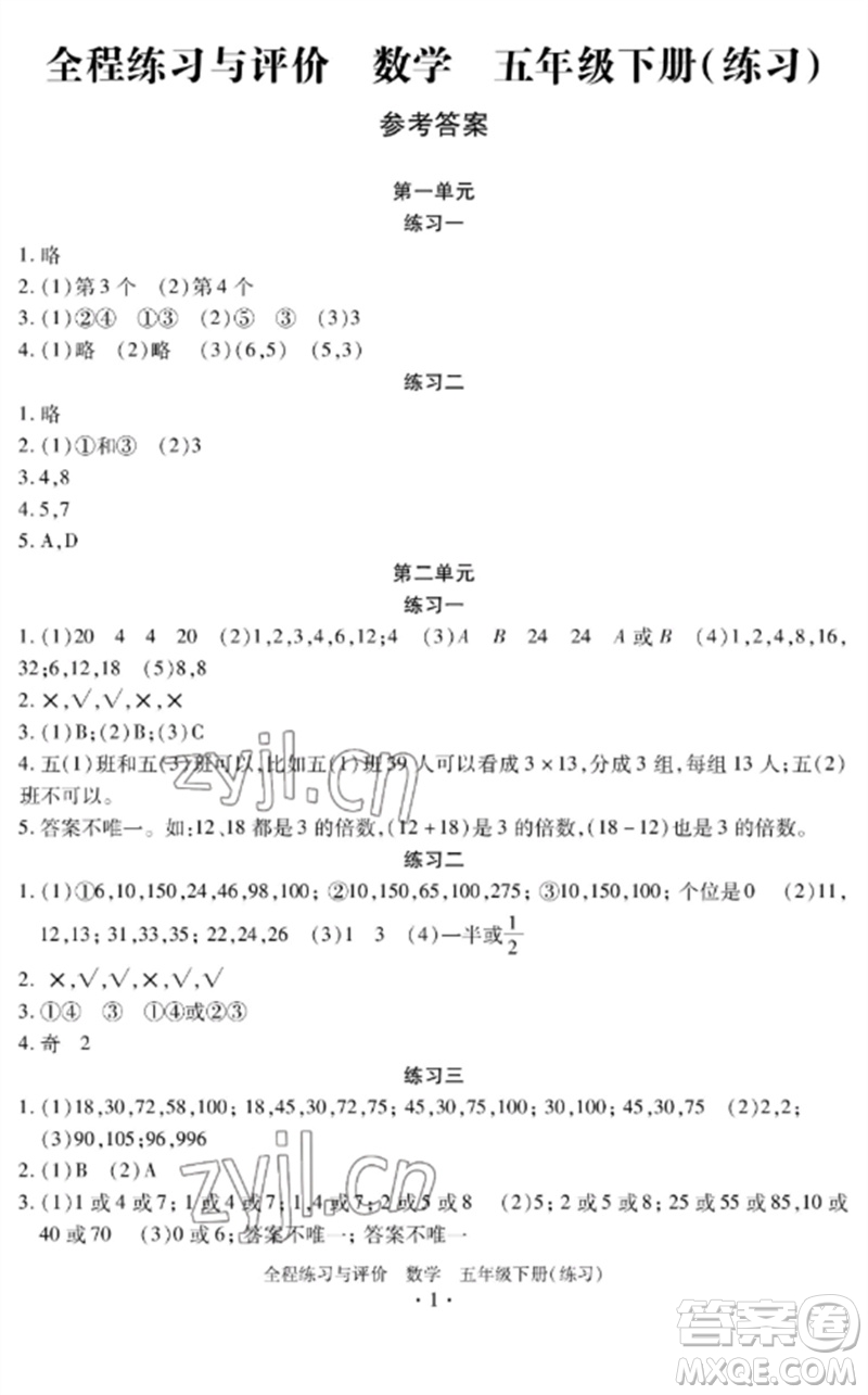 浙江人民出版社2023全程練習與評價五年級數學下冊人教版參考答案