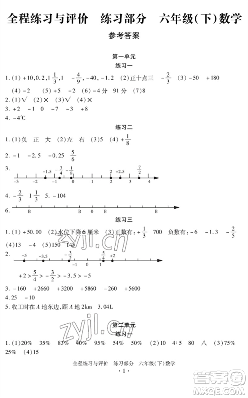 浙江人民出版社2023全程練習與評價六年級數(shù)學下冊人教版參考答案