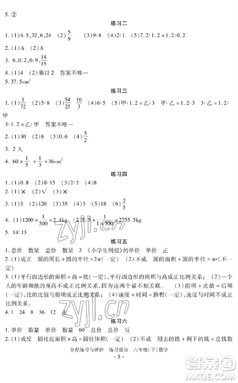 浙江人民出版社2023全程練習與評價六年級數(shù)學下冊人教版參考答案