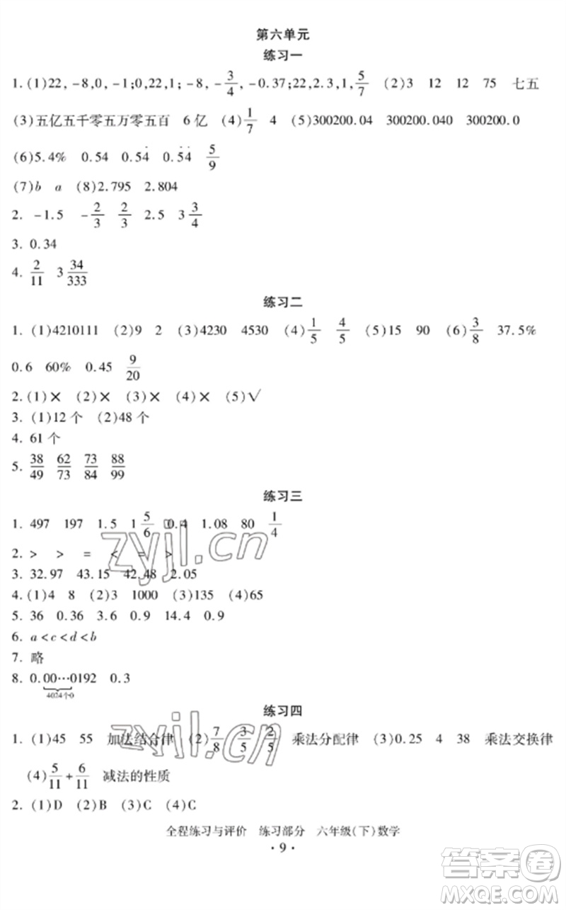 浙江人民出版社2023全程練習與評價六年級數(shù)學下冊人教版參考答案