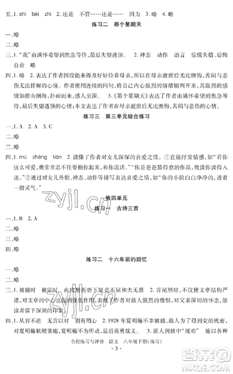 浙江人民出版社2023全程練習與評價六年級語文下冊人教版參考答案