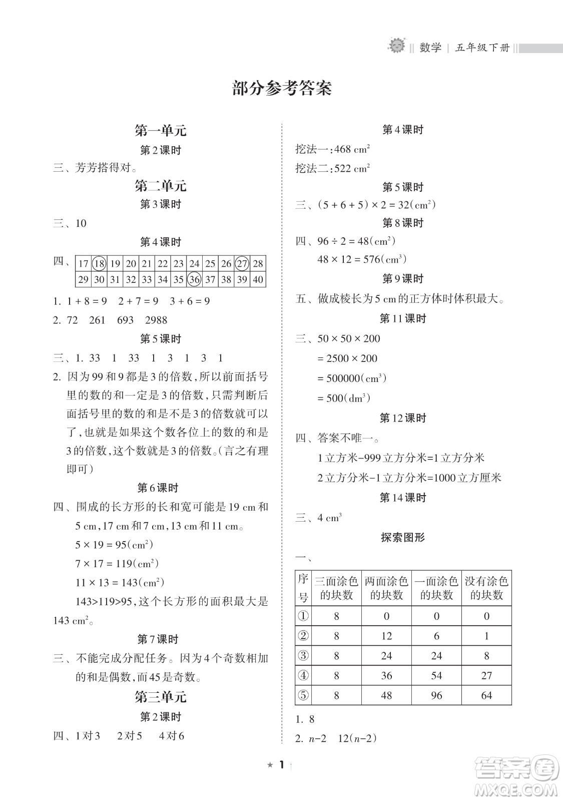 海南出版社2023新課程課堂同步練習冊五年級下冊數學人教版參考答案