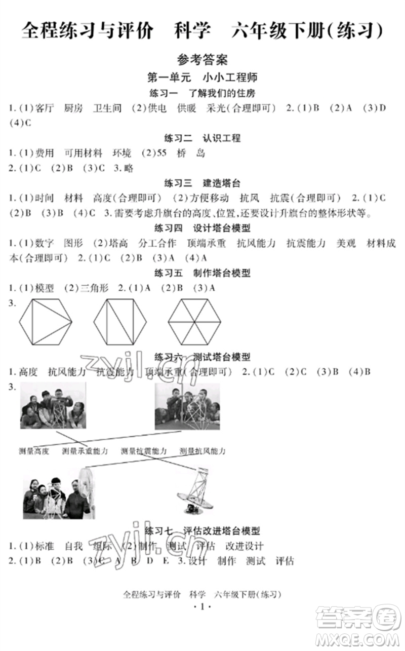 浙江人民出版社2023全程練習(xí)與評價六年級科學(xué)下冊教科版參考答案