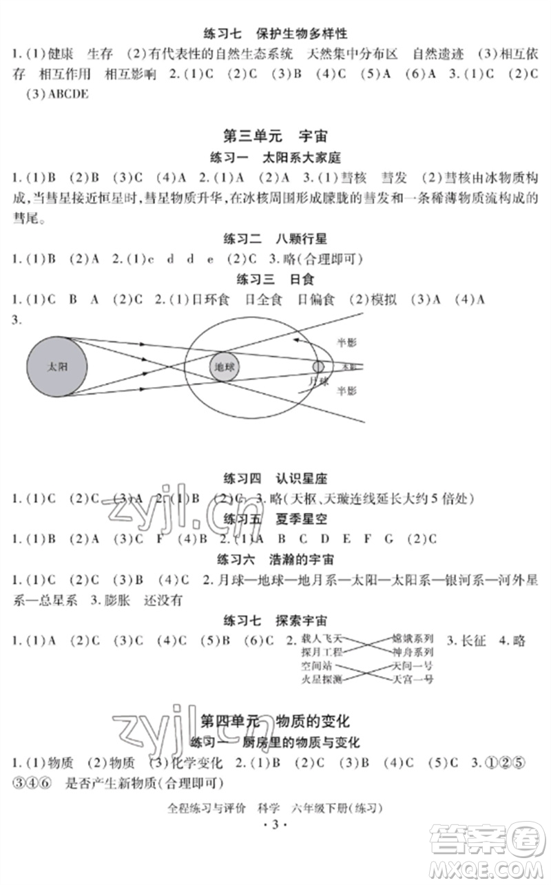 浙江人民出版社2023全程練習(xí)與評價六年級科學(xué)下冊教科版參考答案