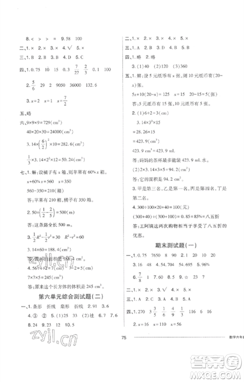 山東科學(xué)技術(shù)出版社2023同步練習冊配套單元自測卷六年級數(shù)學(xué)下冊人教版參考答案