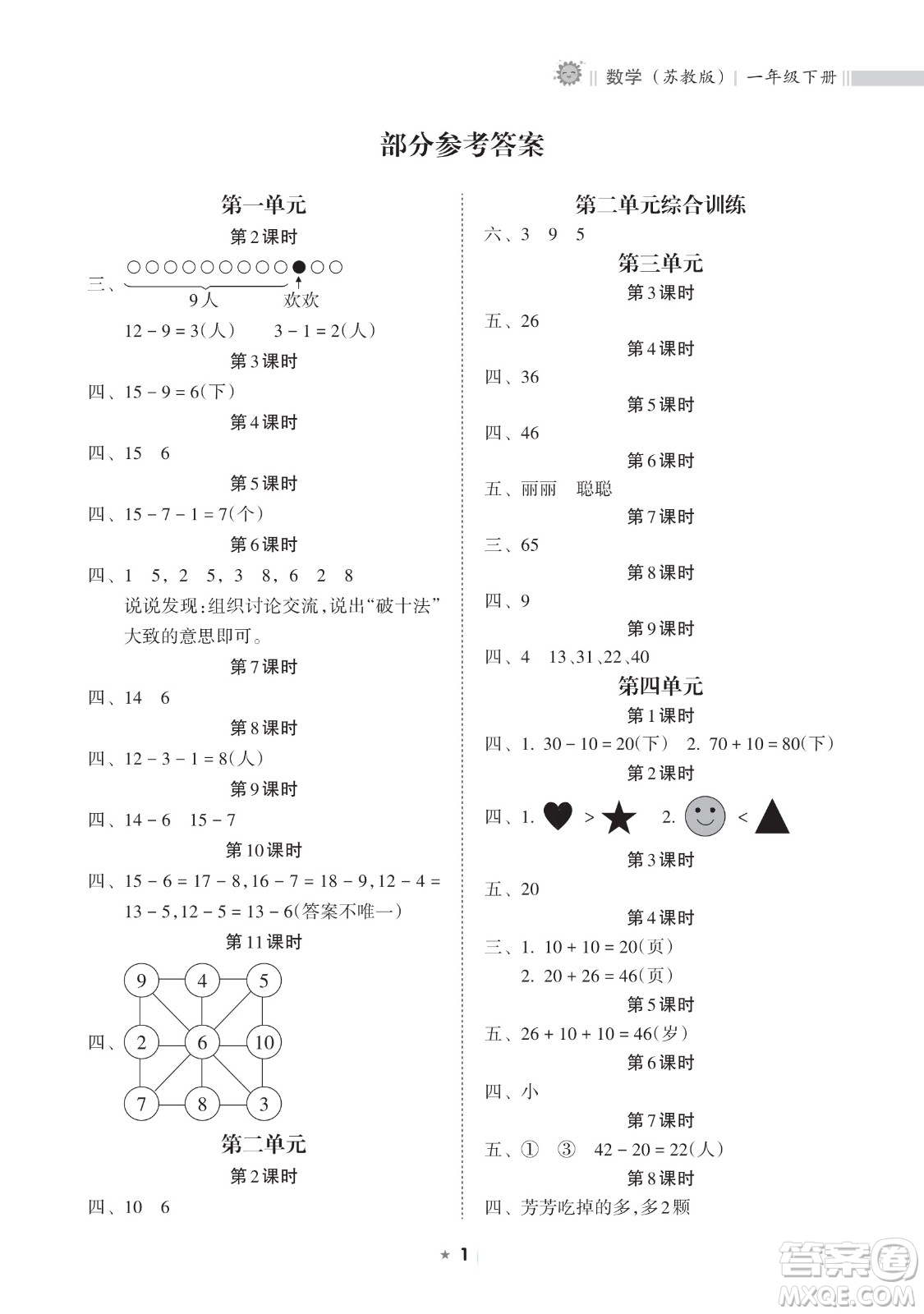 海南出版社2023新課程課堂同步練習(xí)冊(cè)一年級(jí)下冊(cè)數(shù)學(xué)蘇教版參考答案