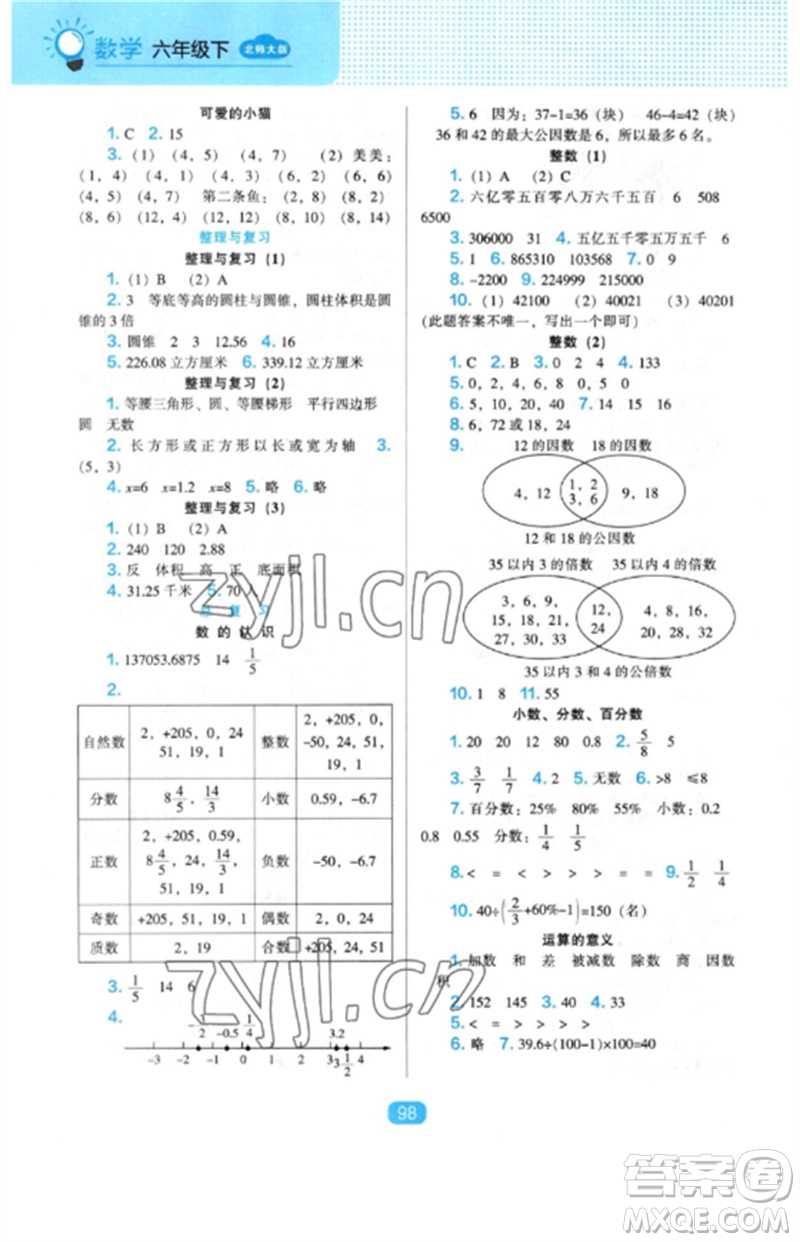 遼海出版社2023新課程能力培養(yǎng)六年級數(shù)學下冊北師大版參考答案