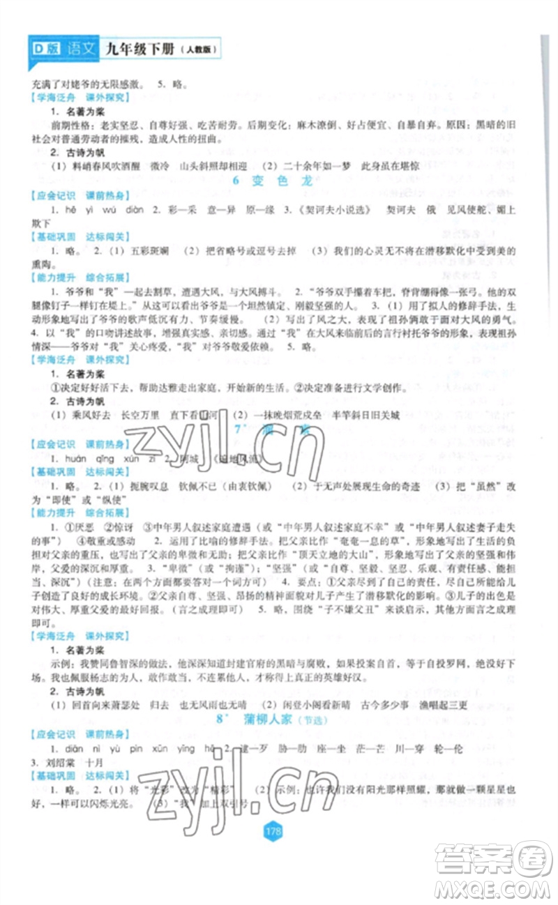 遼海出版社2023新課程語文能力培養(yǎng)九年級(jí)下冊(cè)人教版D版大連專用參考答案