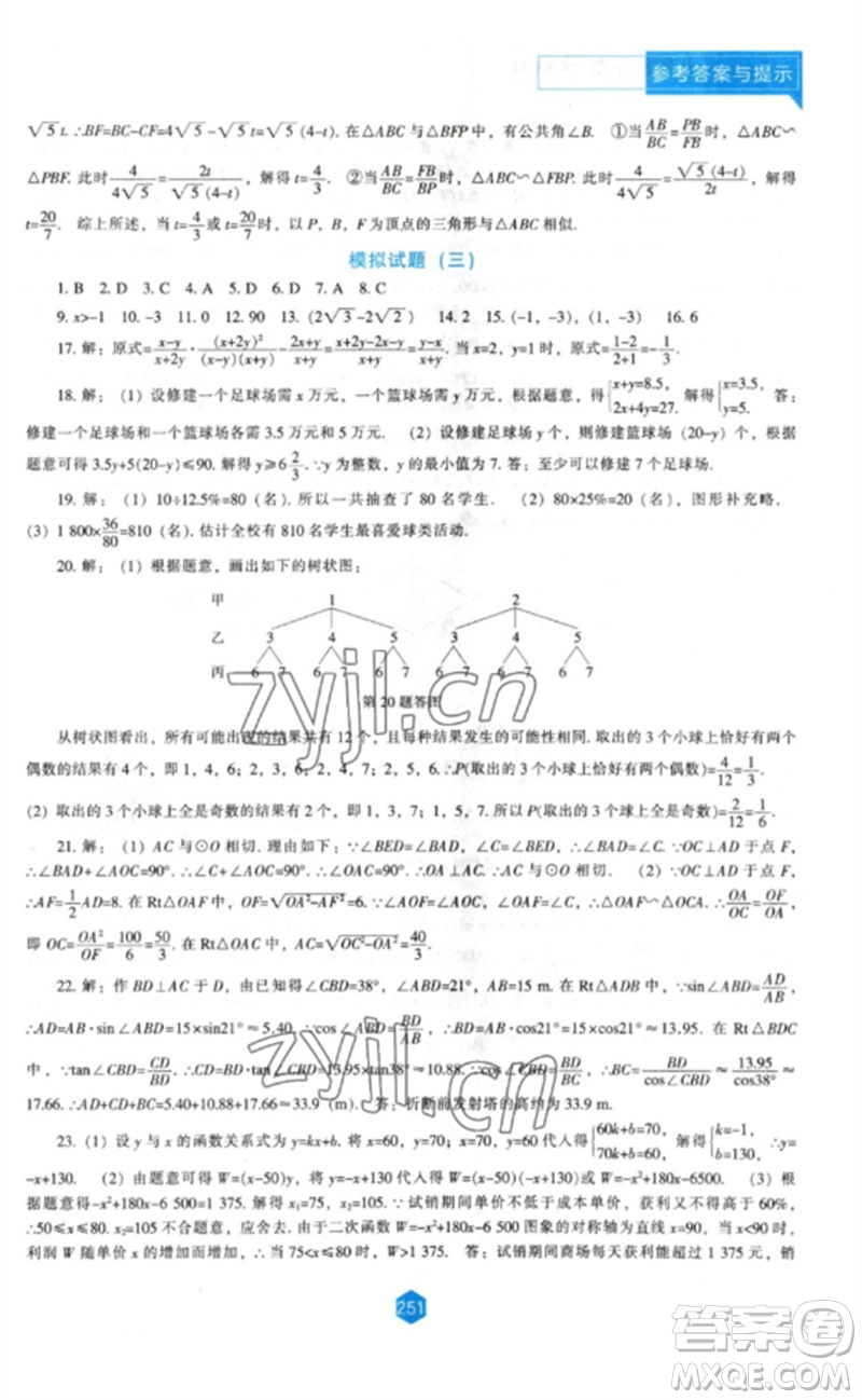 遼海出版社2023新課程數(shù)學(xué)能力培養(yǎng)九年級(jí)下冊(cè)北師大版參考答案