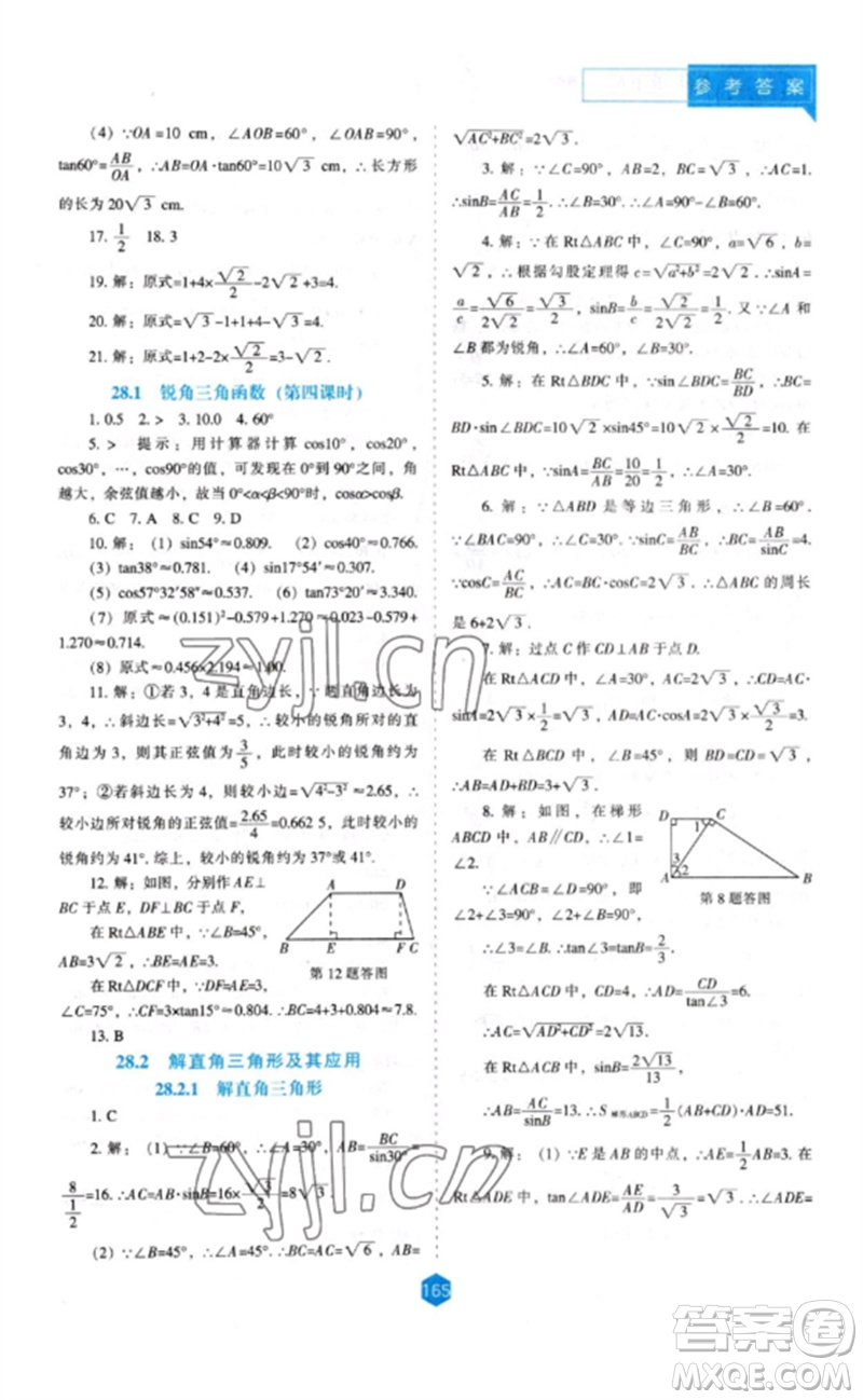 遼海出版社2023新課程數(shù)學(xué)能力培養(yǎng)九年級(jí)下冊(cè)人教版參考答案