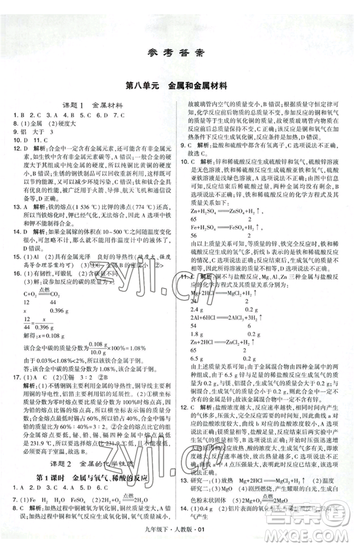 甘肅少年兒童出版社2023經(jīng)綸學(xué)典學(xué)霸題中題九年級(jí)下冊(cè)化學(xué)人教版參考答案