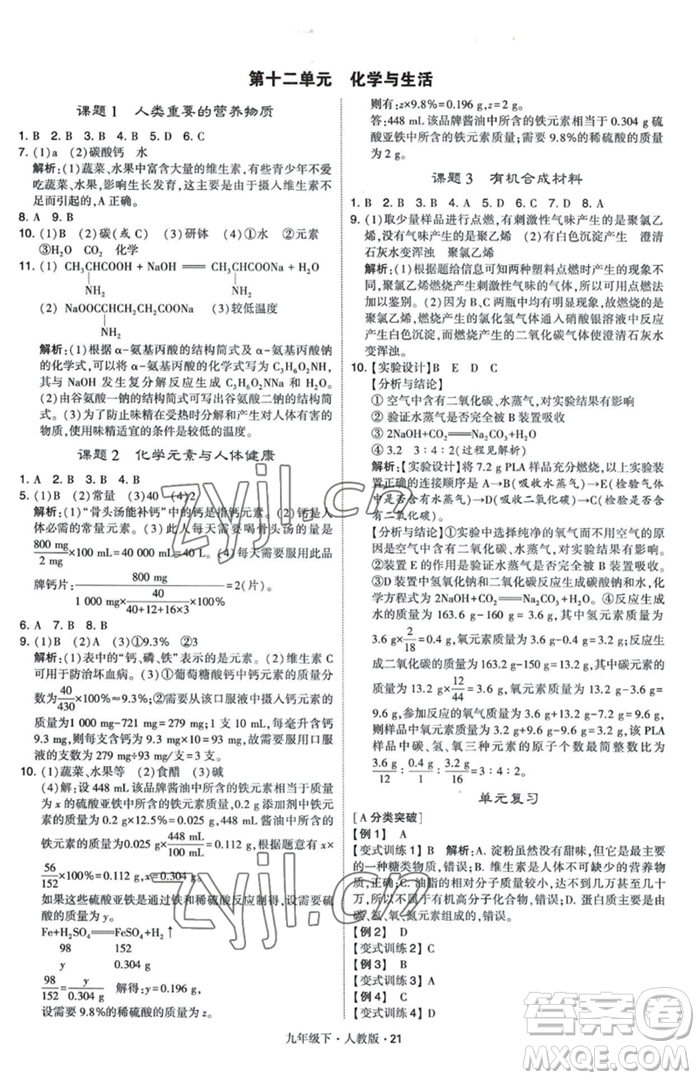 甘肅少年兒童出版社2023經(jīng)綸學(xué)典學(xué)霸題中題九年級(jí)下冊(cè)化學(xué)人教版參考答案
