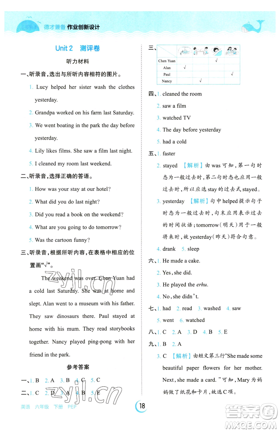 江西人民出版社2023王朝霞德才兼?zhèn)渥鳂I(yè)創(chuàng)新設(shè)計(jì)六年級(jí)下冊(cè)英語人教PEP版參考答案