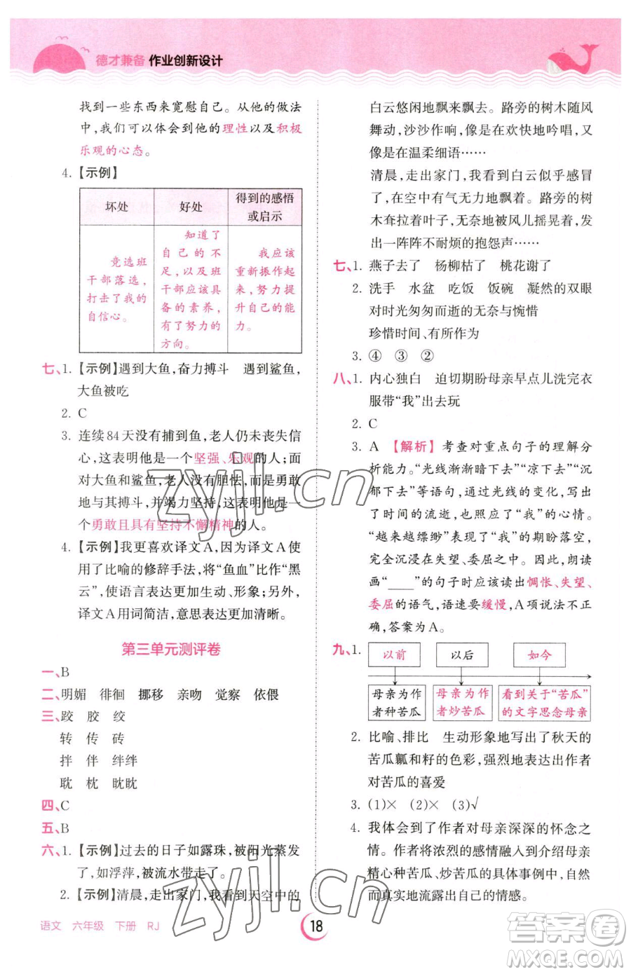 江西人民出版社2023王朝霞德才兼?zhèn)渥鳂I(yè)創(chuàng)新設(shè)計六年級下冊語文人教版參考答案