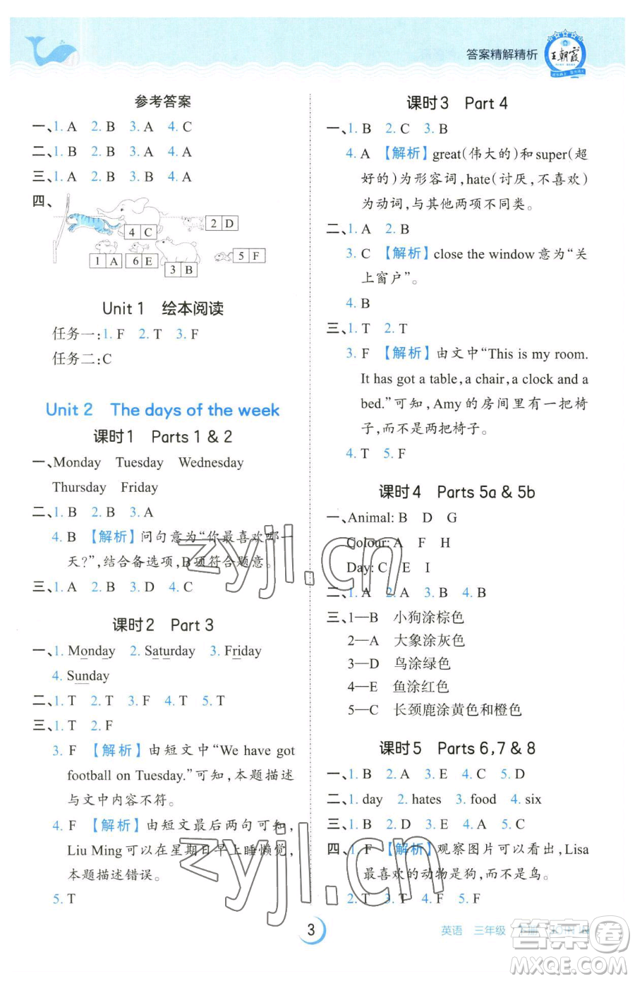 江西人民出版社2023王朝霞德才兼?zhèn)渥鳂I(yè)創(chuàng)新設(shè)計(jì)三年級下冊英語劍橋版參考答案
