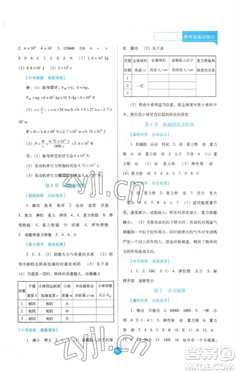 遼海出版社2023新課程物理能力培養(yǎng)八年級下冊人教版D版大連專用參考答案