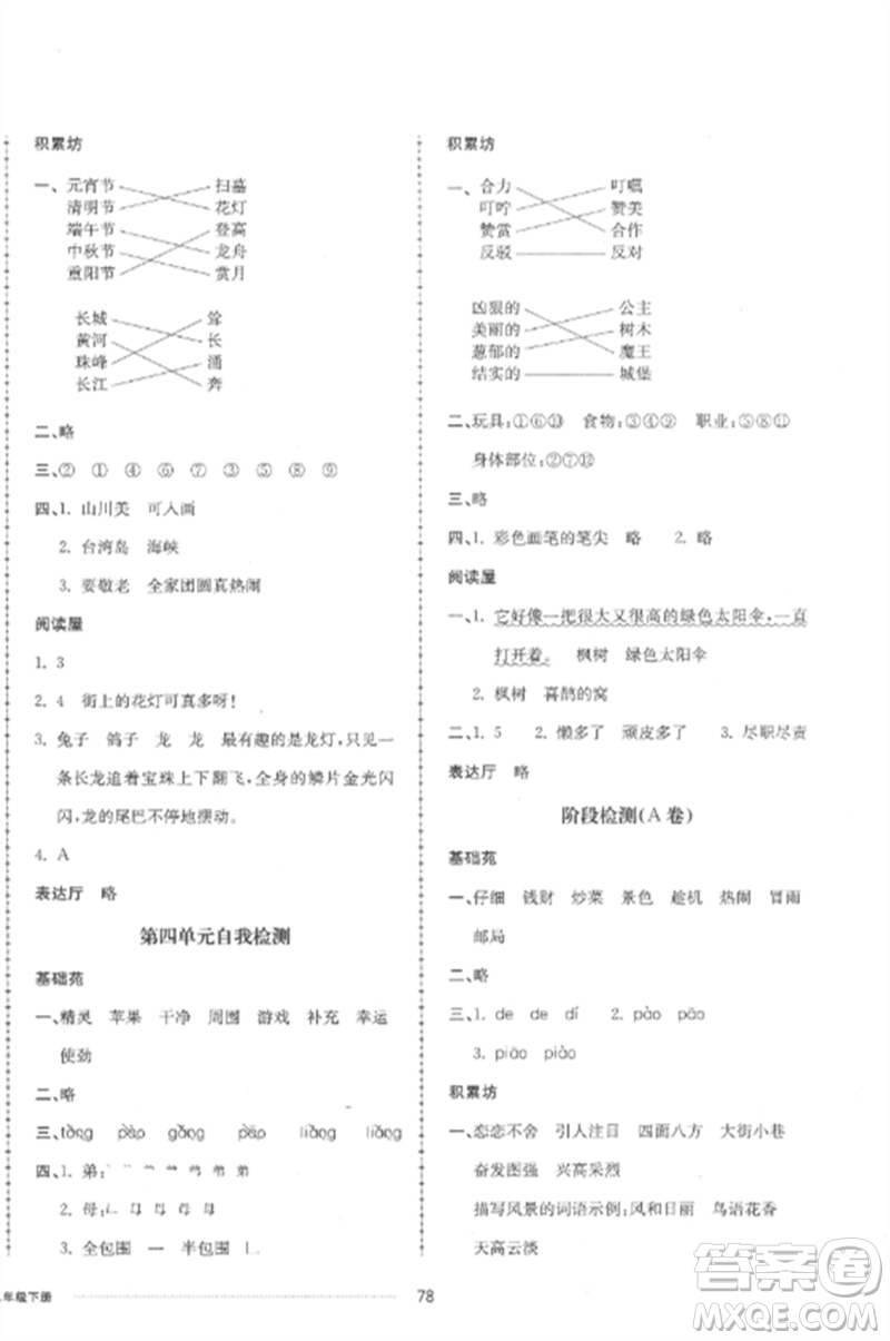 山東科學(xué)技術(shù)出版社2023同步練習(xí)冊(cè)配套單元自測(cè)卷二年級(jí)語文下冊(cè)人教版參考答案