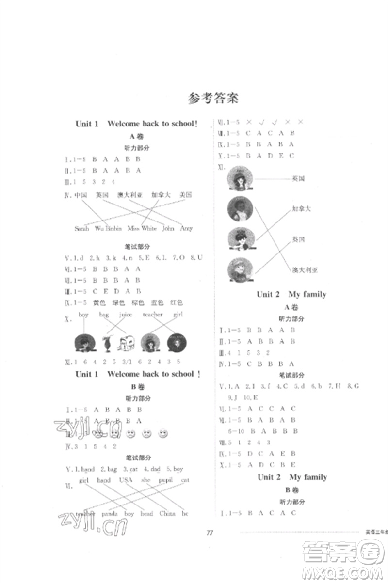 山東科學(xué)技術(shù)出版社2023同步練習(xí)冊(cè)配套單元自測(cè)卷三年級(jí)英語(yǔ)下冊(cè)人教版參考答案