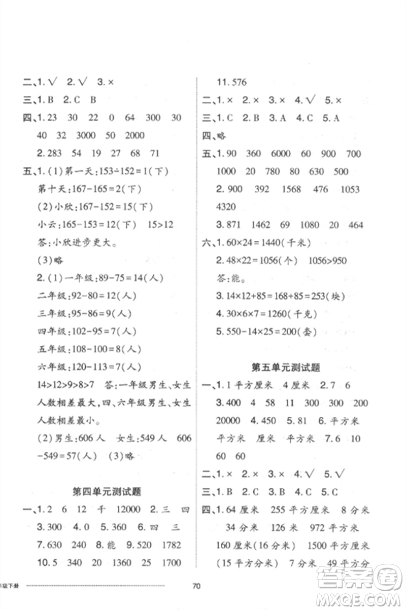 山東科學(xué)技術(shù)出版社2023同步練習(xí)冊(cè)配套單元自測(cè)卷三年級(jí)數(shù)學(xué)下冊(cè)人教版參考答案