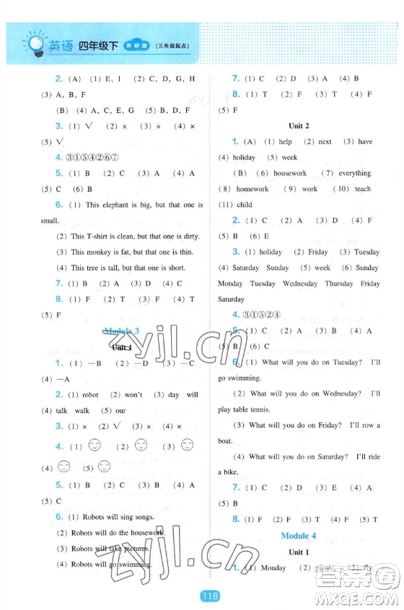 遼海出版社2023新課程能力培養(yǎng)四年級英語下冊三起點(diǎn)外研版參考答案