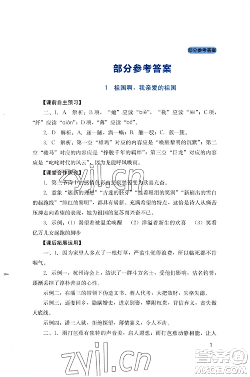 四川教育出版社2023新課程實(shí)踐與探究叢書九年級(jí)語文下冊(cè)人教版參考答案