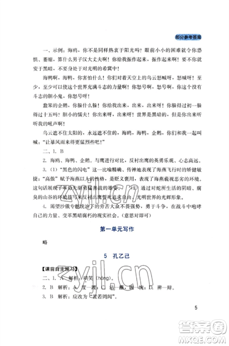 四川教育出版社2023新課程實(shí)踐與探究叢書九年級(jí)語文下冊(cè)人教版參考答案