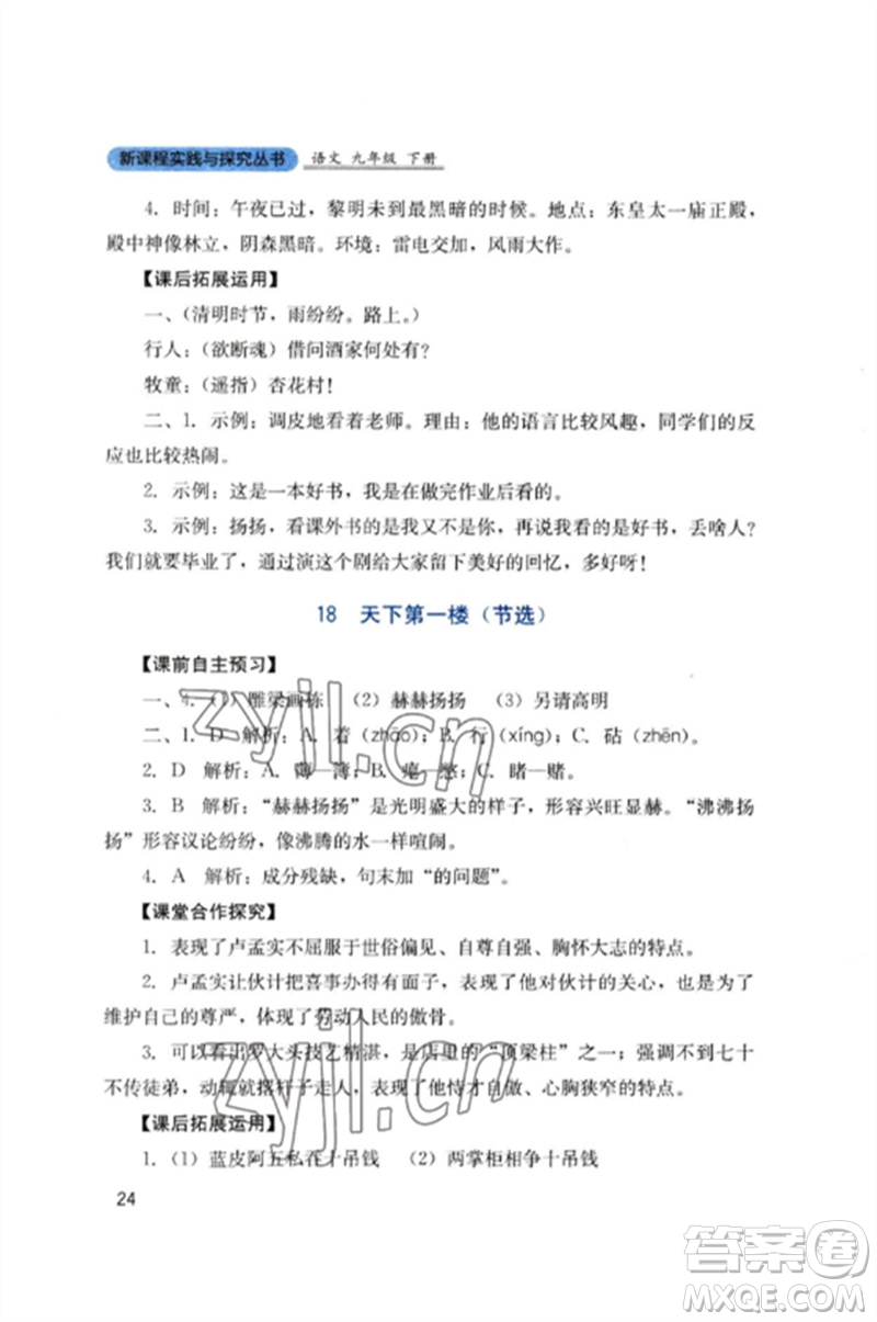 四川教育出版社2023新課程實(shí)踐與探究叢書九年級(jí)語文下冊(cè)人教版參考答案