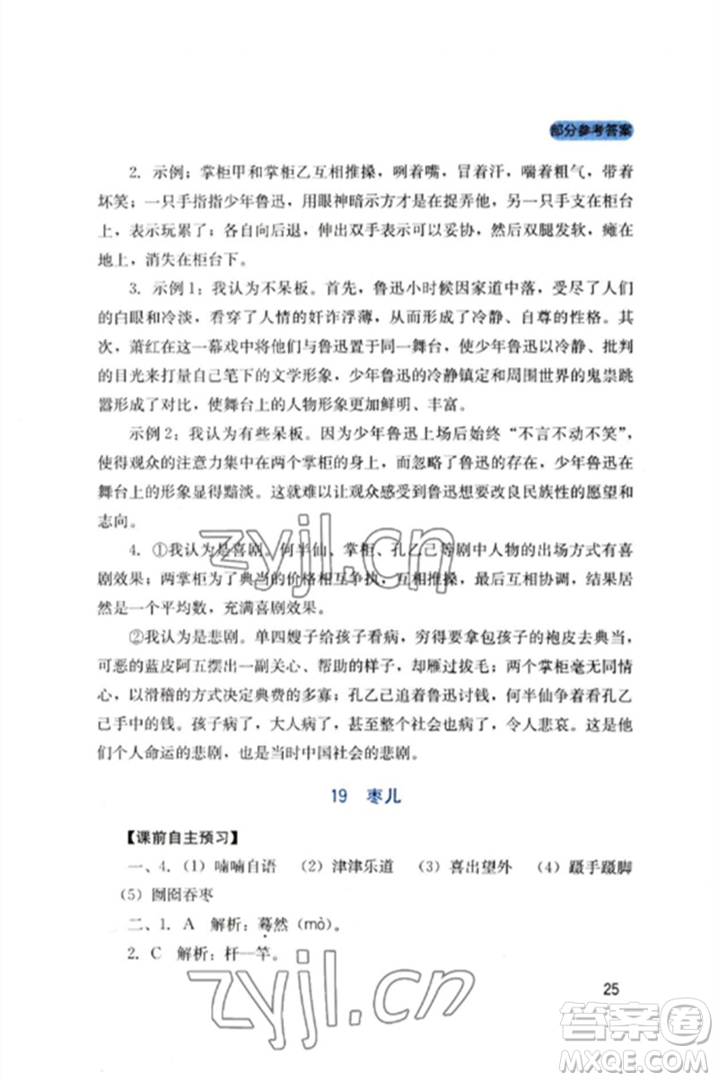 四川教育出版社2023新課程實(shí)踐與探究叢書九年級(jí)語文下冊(cè)人教版參考答案