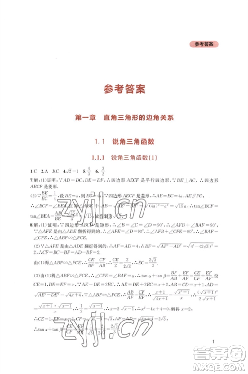 四川教育出版社2023新課程實(shí)踐與探究叢書(shū)九年級(jí)數(shù)學(xué)下冊(cè)北師大版參考答案