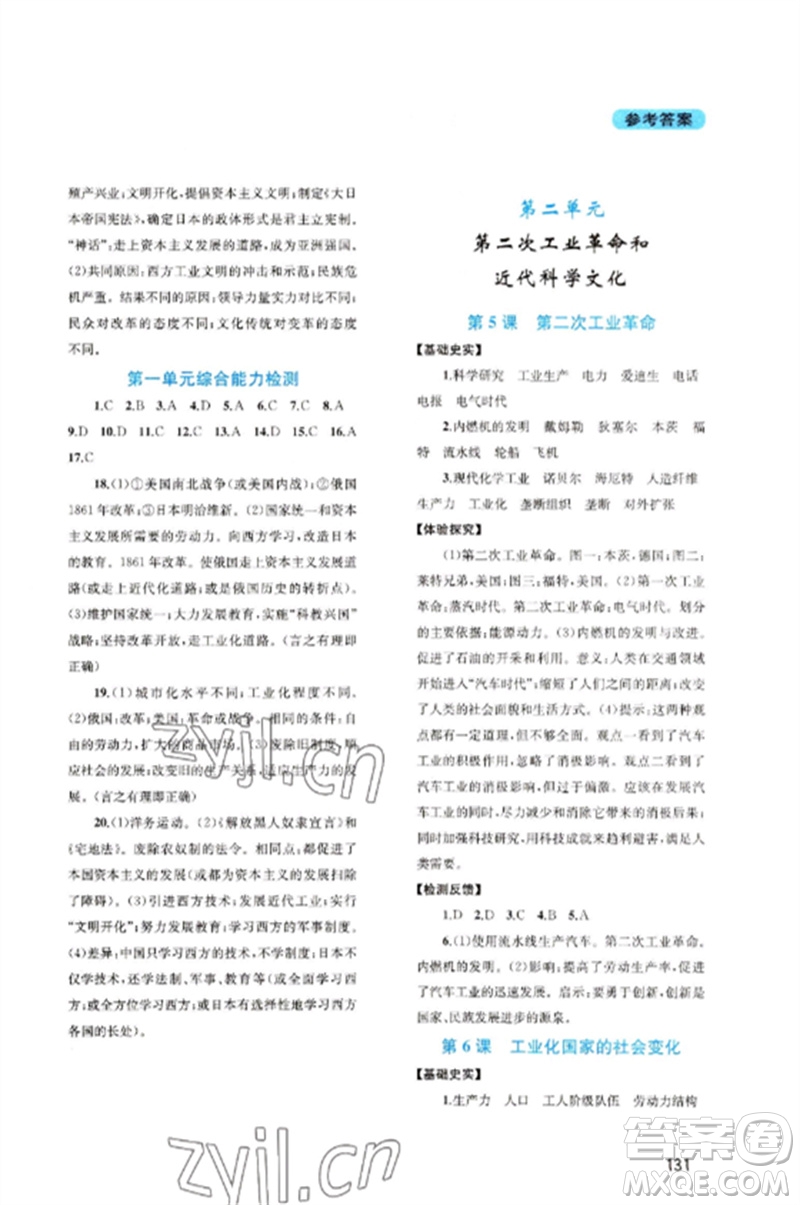 四川教育出版社2023新課程實踐與探究叢書九年級世界歷史下冊人教版河南專版參考答案