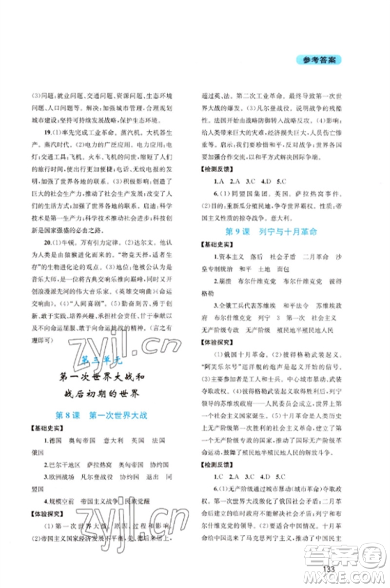 四川教育出版社2023新課程實踐與探究叢書九年級世界歷史下冊人教版河南專版參考答案