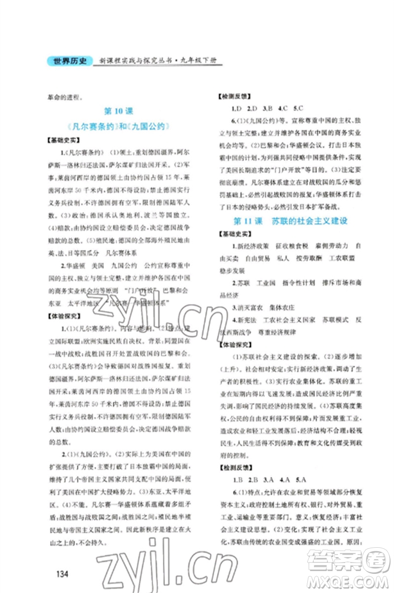 四川教育出版社2023新課程實踐與探究叢書九年級世界歷史下冊人教版河南專版參考答案