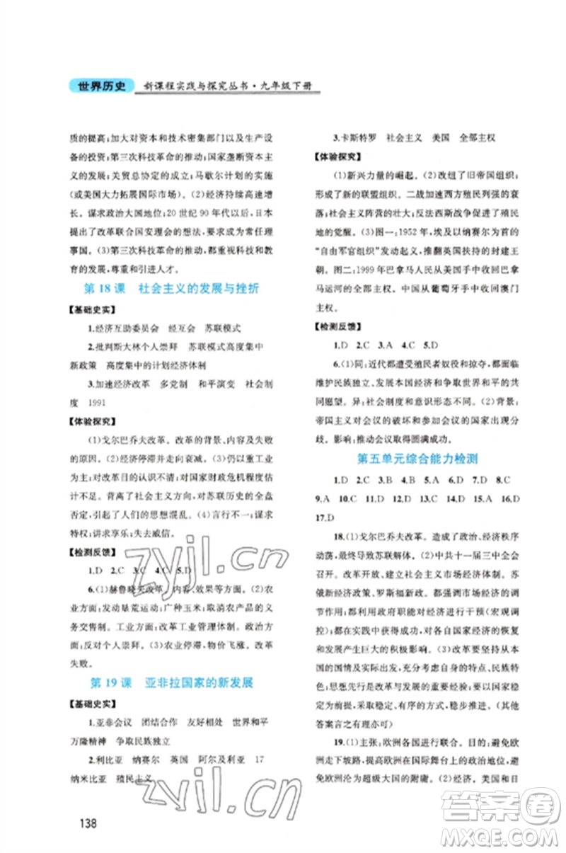 四川教育出版社2023新課程實踐與探究叢書九年級世界歷史下冊人教版河南專版參考答案
