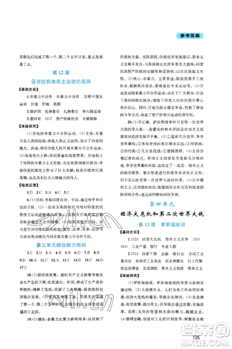 四川教育出版社2023新課程實踐與探究叢書九年級世界歷史下冊人教版河南專版參考答案