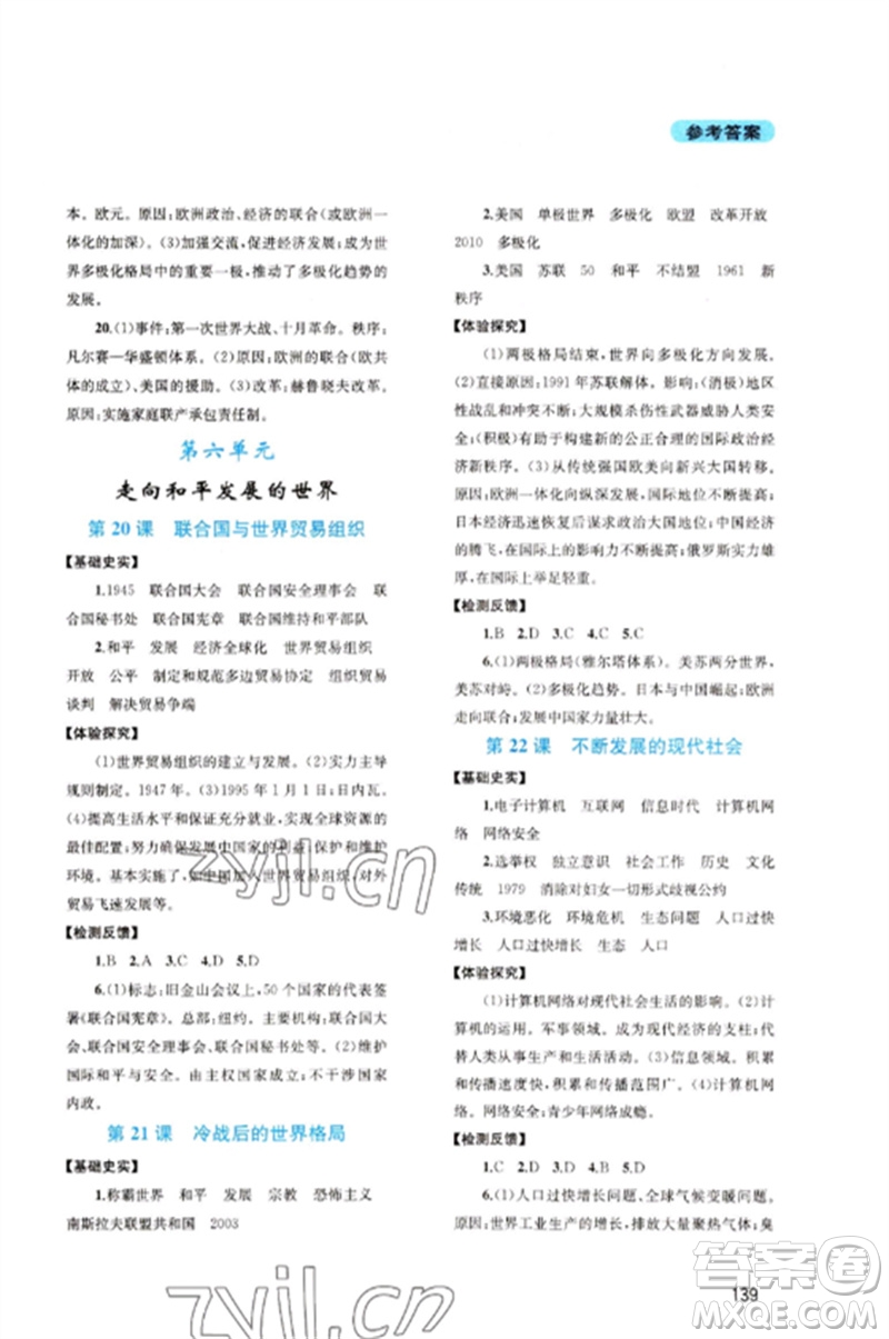 四川教育出版社2023新課程實踐與探究叢書九年級世界歷史下冊人教版河南專版參考答案