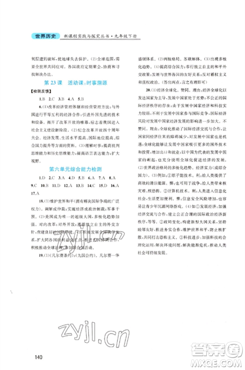 四川教育出版社2023新課程實踐與探究叢書九年級世界歷史下冊人教版河南專版參考答案
