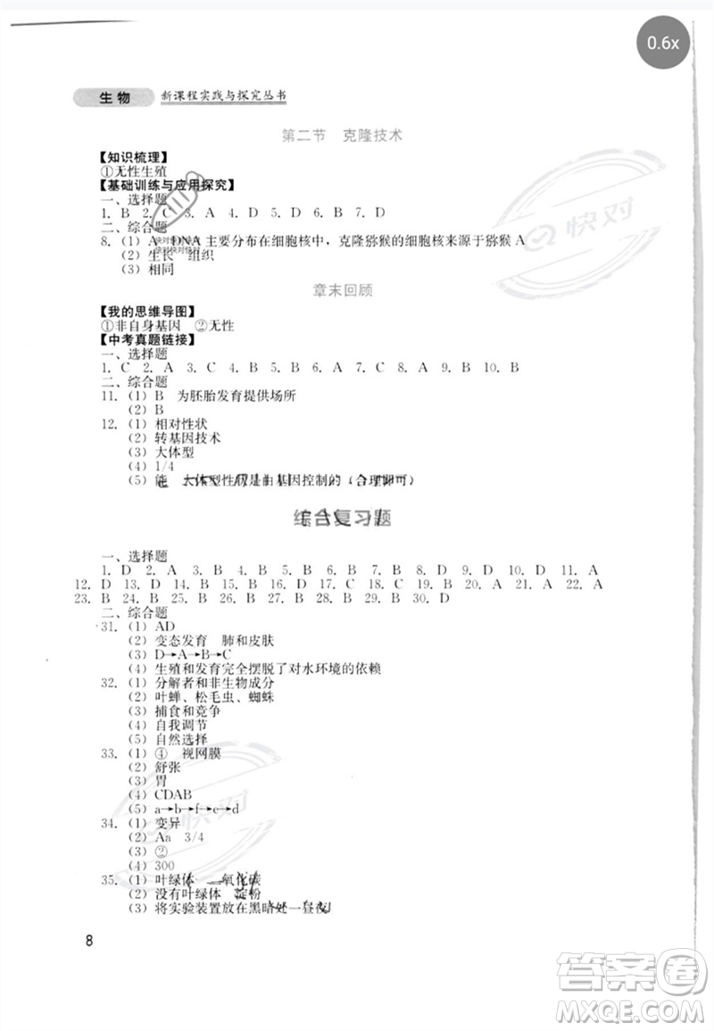 四川教育出版社2023新課程實(shí)踐與探究叢書八年級(jí)生物下冊(cè)濟(jì)南版參考答案