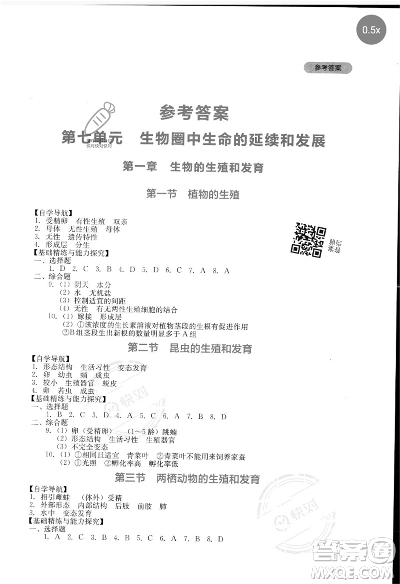 四川教育出版社2023新課程實(shí)踐與探究叢書(shū)八年級(jí)生物下冊(cè)人教版參考答案