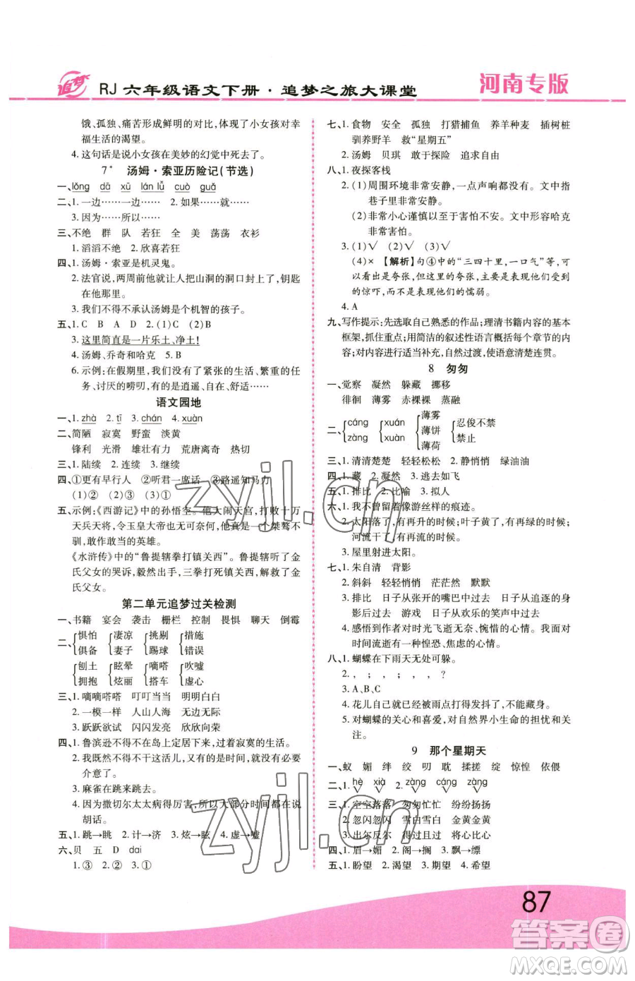 天津科學(xué)技術(shù)出版社2023追夢(mèng)之旅大課堂六年級(jí)下冊(cè)語(yǔ)文人教版河南專(zhuān)版參考答案