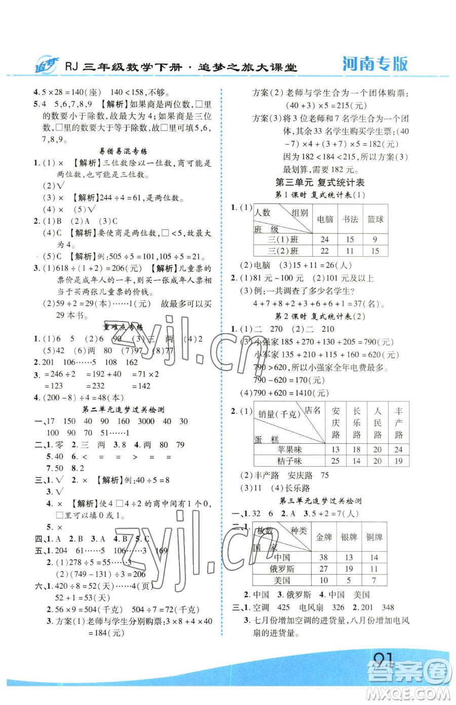 天津科學技術(shù)出版社2023追夢之旅大課堂三年級下冊數(shù)學人教版河南專版參考答案