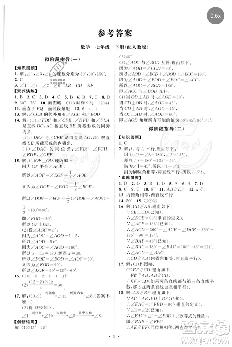 山東教育出版社2023初中同步練習(xí)冊分層卷七年級數(shù)學(xué)下冊人教版參考答案