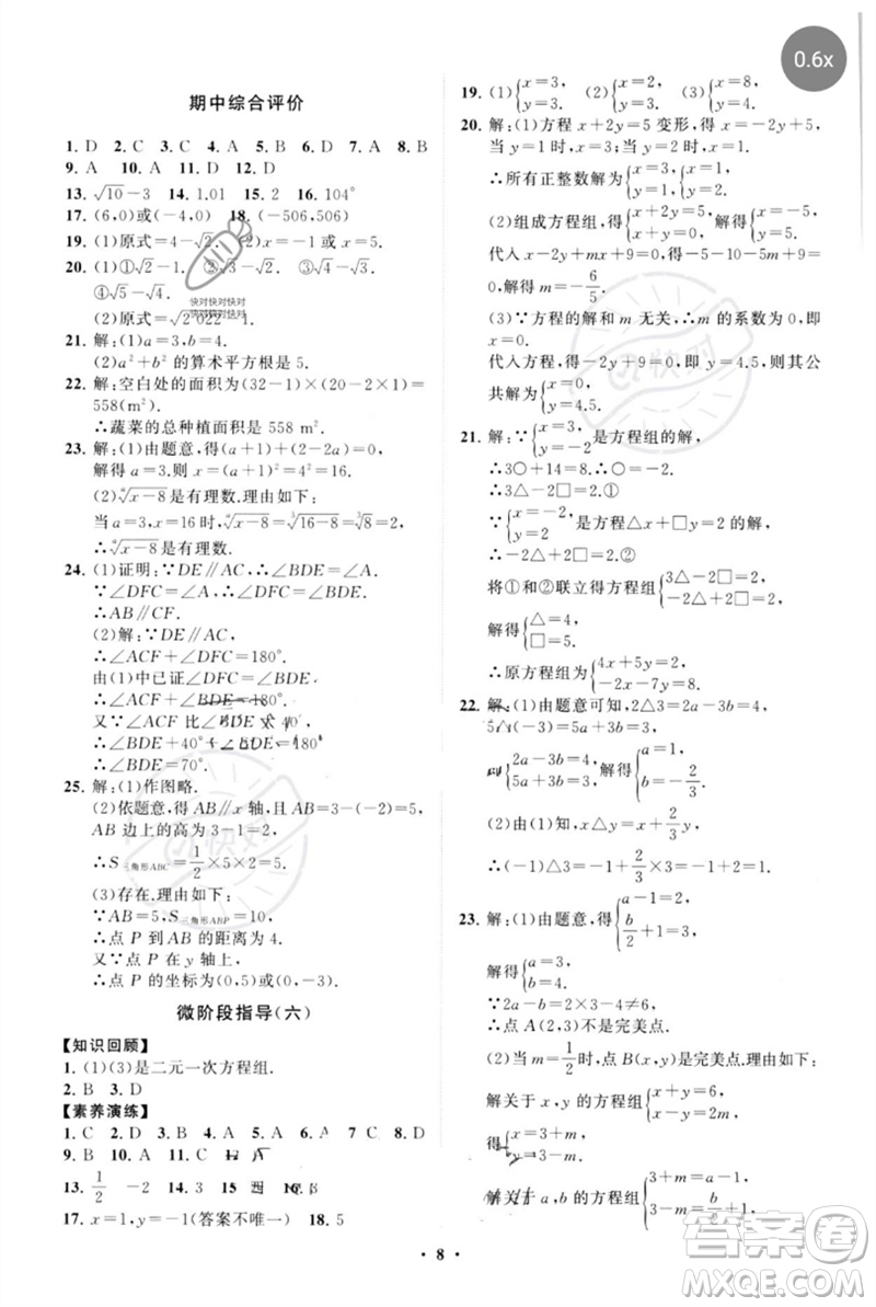 山東教育出版社2023初中同步練習(xí)冊分層卷七年級數(shù)學(xué)下冊人教版參考答案