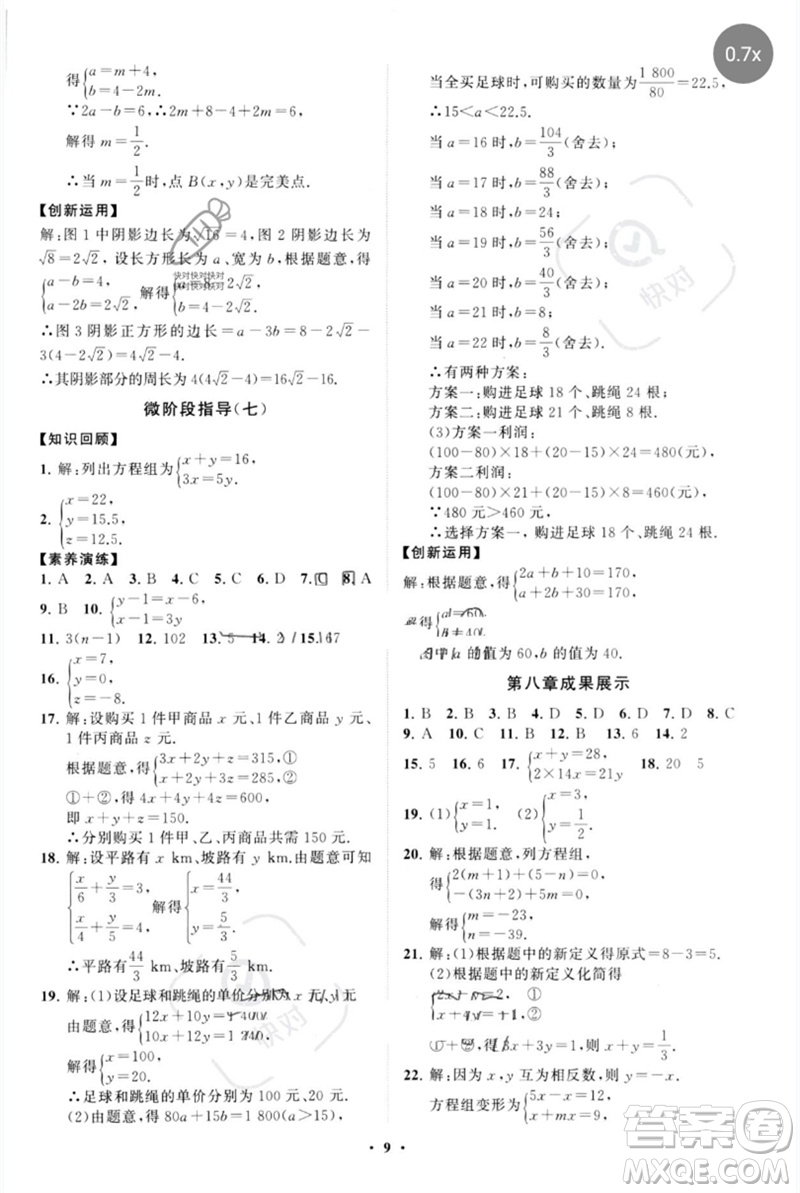 山東教育出版社2023初中同步練習(xí)冊分層卷七年級數(shù)學(xué)下冊人教版參考答案