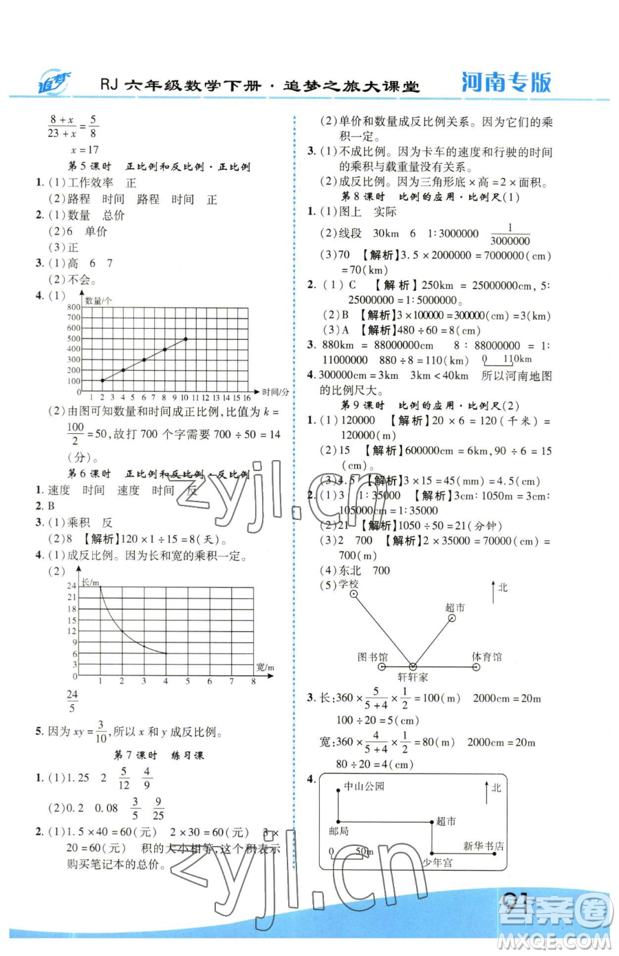 天津科學技術出版社2023追夢之旅大課堂六年級下冊數(shù)學人教版河南專版參考答案