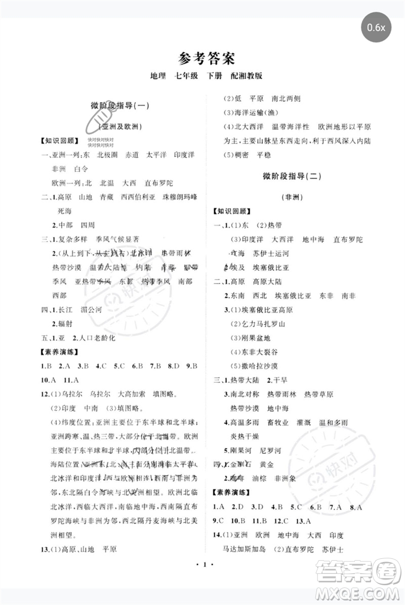 山東教育出版社2023初中同步練習冊分層卷七年級地理下冊湘教版參考答案